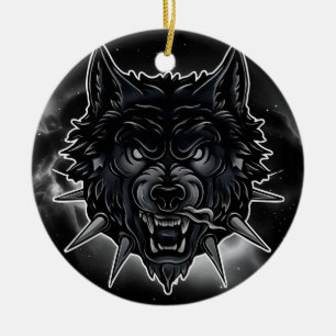 Ornamento De Cerâmica Ilustração de Lobo Feroz com Colar de Espinhos