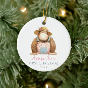 Ornamento De Cerâmica Ilustração de Macaco Fofo Menina Primeiro Natal