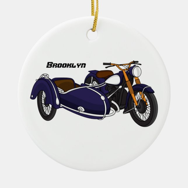 Ornamento De Cerâmica Ilustração de motocicleta roxa Sidecar (Frente)