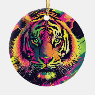 Ornamento De Cerâmica Ilustração de Tigre de Arte pop com Cores Néon