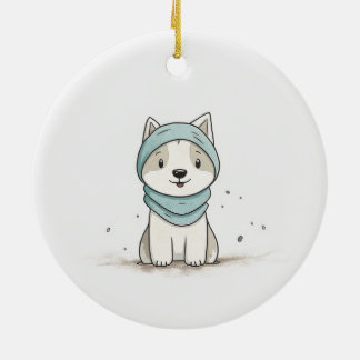Ornamento De Cerâmica Ilustração do Rouco Cozy - Puppy Adorável em Scarf