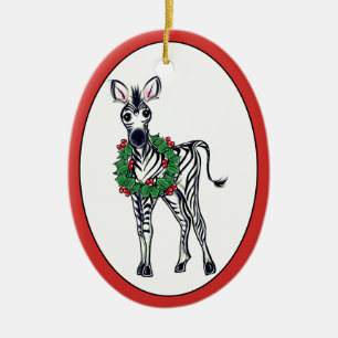 Ornamento De Cerâmica Ilustração Festiva Holiday Zebra, Holly Wreath