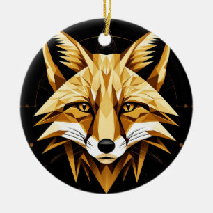 Ornamento De Cerâmica Ilustração Geométrica de Raposa com Tons Dourados