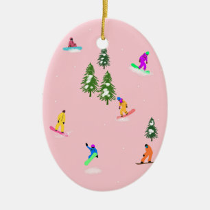 Ornamento De Cerâmica Ilustração rosa de Snowboarders