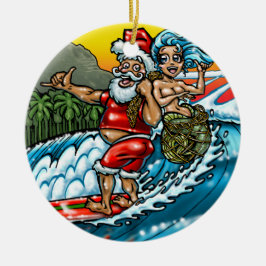Ornamento De Cerâmica Ilustração surfando havaiana do papai noel do