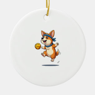 Ornamento De Cerâmica Ilustração Vintage de Voleibol com Corgi Cachorro 