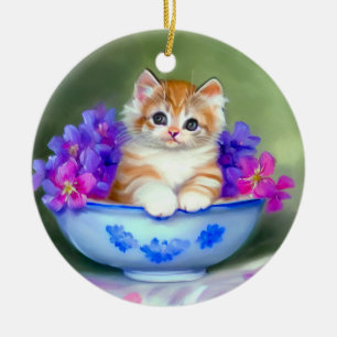 Ornamento De Cerâmica Ilustração Vintage Laranja e White Kitten