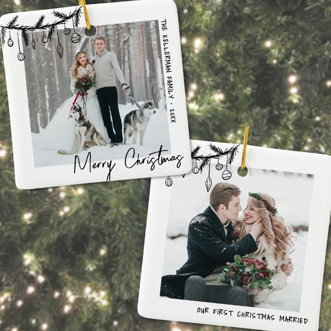 Ornamento De Cerâmica Imagem de Natal do Elegante Black White (Elegant Black White First Christmas Photo Ceramic Ornament)