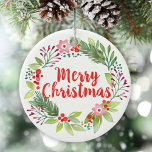 Ornamento De Cerâmica Imagem de Watercolor de Natal Elegante<br><div class="desc">Um bonito Enfeites de natal de cor d'água floral. Personalize-o com a foto da sua família no verso. Projetado para você pelo Blackberry Boulevard.</div>