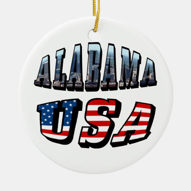 Ornamento De Cerâmica Imagem do Alabama e bandeira dos EUA Font (Frente)