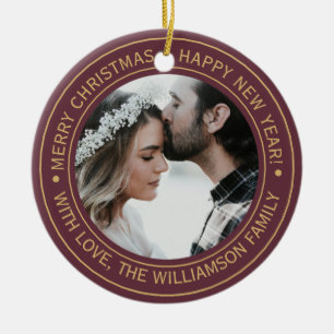 Ornamento De Cerâmica Imagem do Monograma de Natal Elegante Burgundy