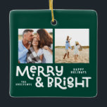 Ornamento De Cerâmica Imagens mínimas modernas Cera de Natal 2 fotos<br><div class="desc">Tudo pode não estar calmo,  mas tudo ainda pode ser brilhante com este divertido cartão de Natal colorido. Com espaço para 2 fotografias quadradas,  disponível numa seleção de cores.</div>