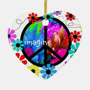 Ornamento De Cerâmica Imagine o símbolo de paz e flores retros