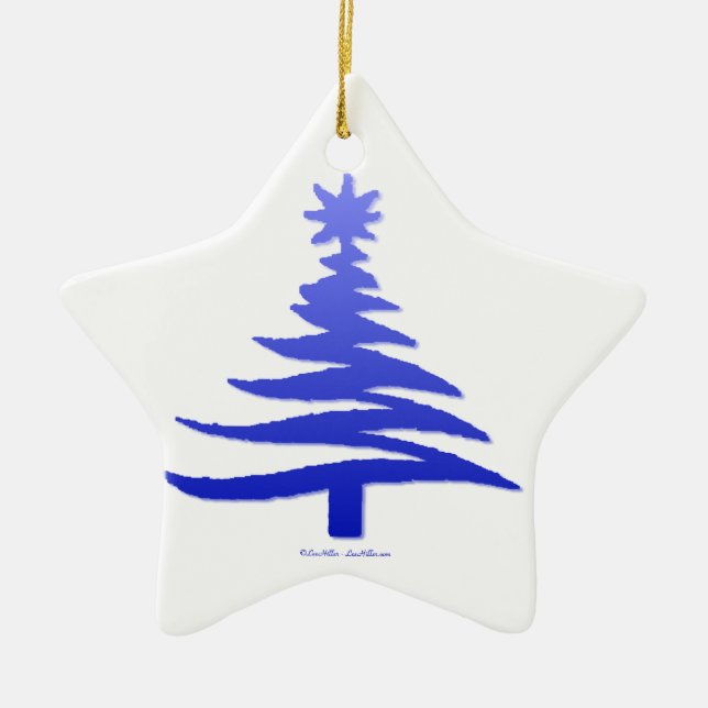 Ornamento De Cerâmica Impressão Azul-Estêncil de Árvore de Natal Moderno (Frente)