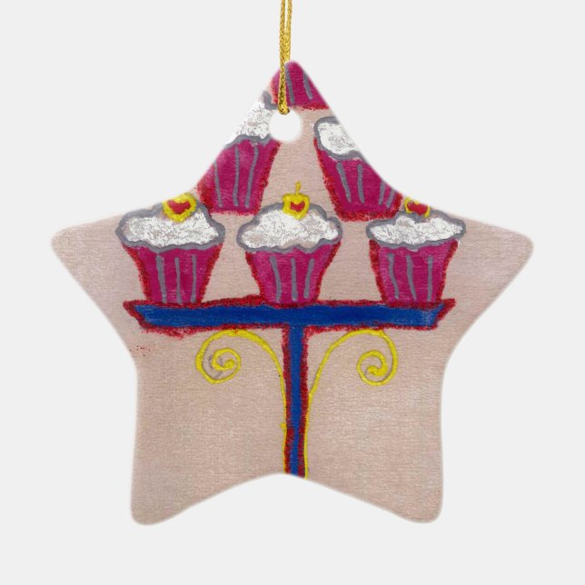 Ornamento De Cerâmica Impressão de Arte cupcake com Cereja e Fundo Rosa (Frente)