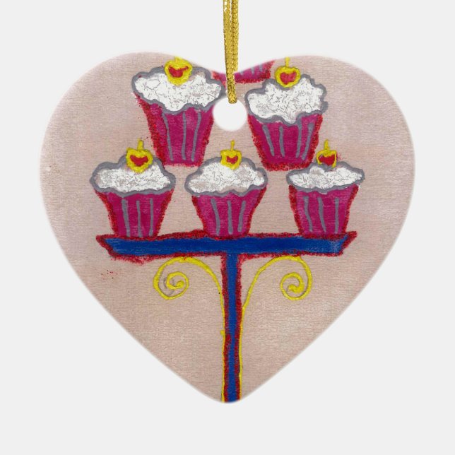 Ornamento De Cerâmica Impressão de Arte cupcake com Cereja e Fundo Rosa (Frente)