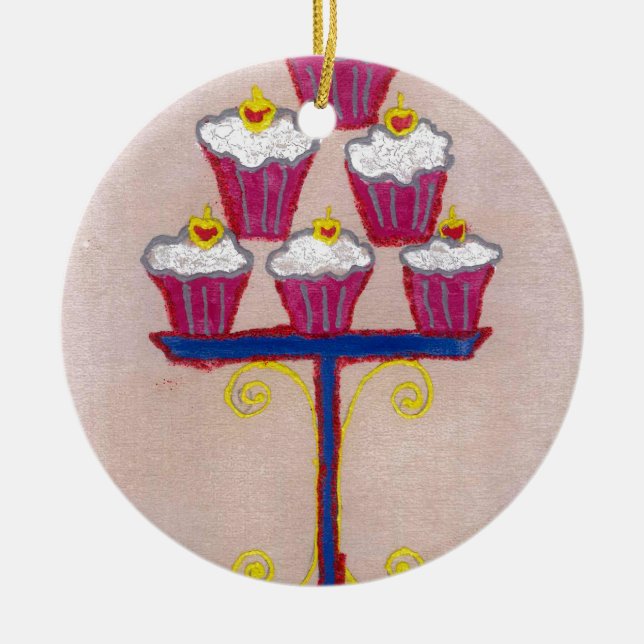 Ornamento De Cerâmica Impressão de Arte cupcake com Cereja e Fundo Rosa (Frente)