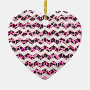 Ornamento De Cerâmica Impressão de Chevron Preto-Leopardo e Rosa Quente