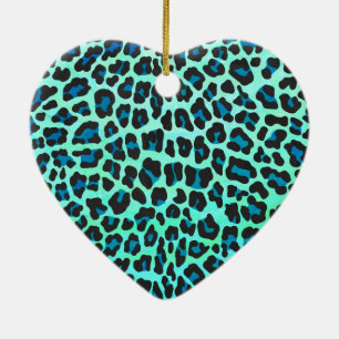 Ornamento De Cerâmica Impressão de Leopard Black and Teal