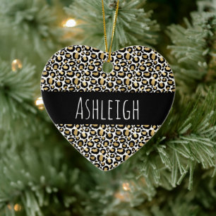 Ornamento De Cerâmica Impressão de Leopardo Dourado Preto