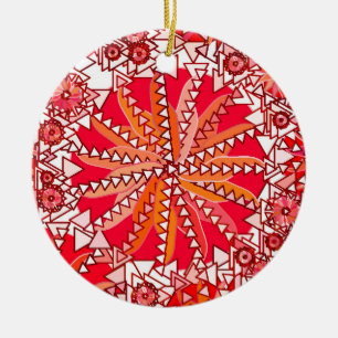 Ornamento De Cerâmica Impressão de Mandala Tribal, Vermelho Coral e Bra