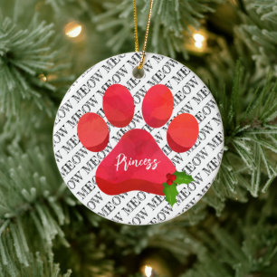 Ornamento De Cerâmica Impressão de Pata Vermelha de Natal MEOW Gato NOME