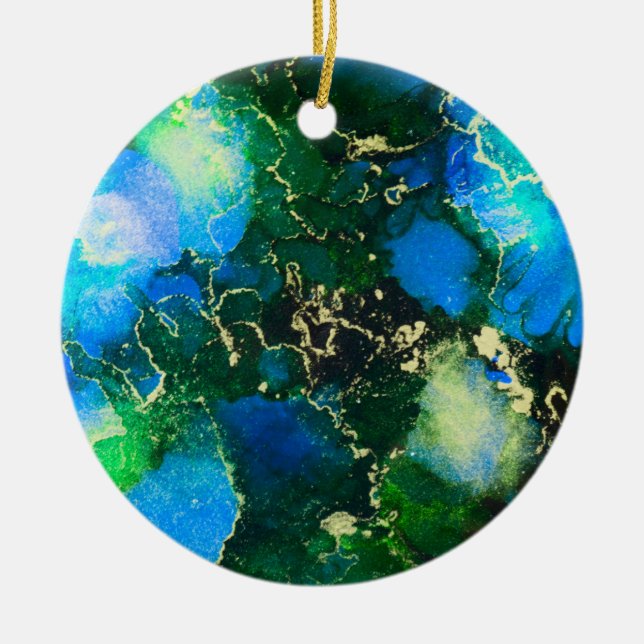 Ornamento De Cerâmica Impressão de Tinta Azul e Dourada (Frente)