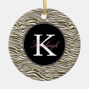 Ornamento De Cerâmica Impressão de Zebra Castanha Dourada Monograma Conf