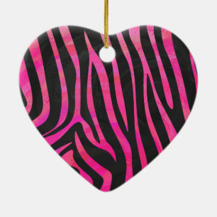 Ornamento De Cerâmica Impressão de zebra preto e rosa quente