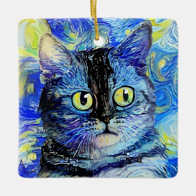Ornamento De Cerâmica Impressionista Starry Night Tabby Cat Portrait (Frente)