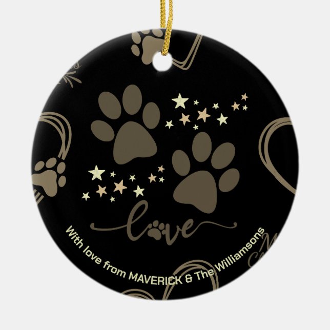 Ornamento De Cerâmica Impressões Douradas de PAW de Natal preto personal (Frente)
