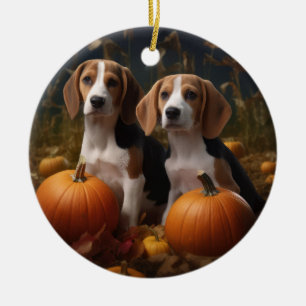 Ornamento De Cerâmica Inglês Americano Foxhound Puppy Autumn Delight