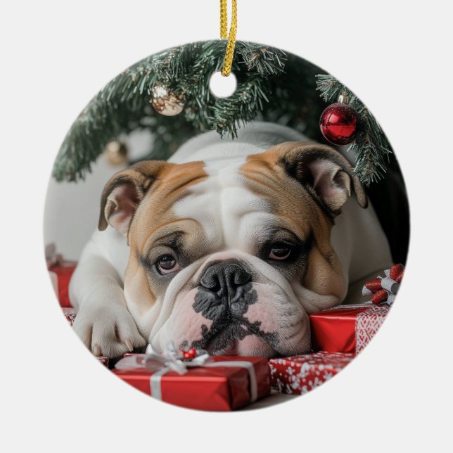 Ornamento De Cerâmica Inglês Buldogue Christmas (Frente)