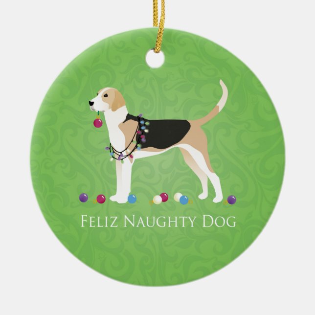 Ornamento De Cerâmica Inglês Foxhound Christmas - Feliz Naughn (Frente)