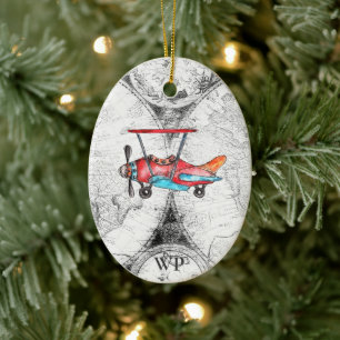 Ornamento De Cerâmica Iniciais Personalizados, Mapa de Vintage, Avião Re