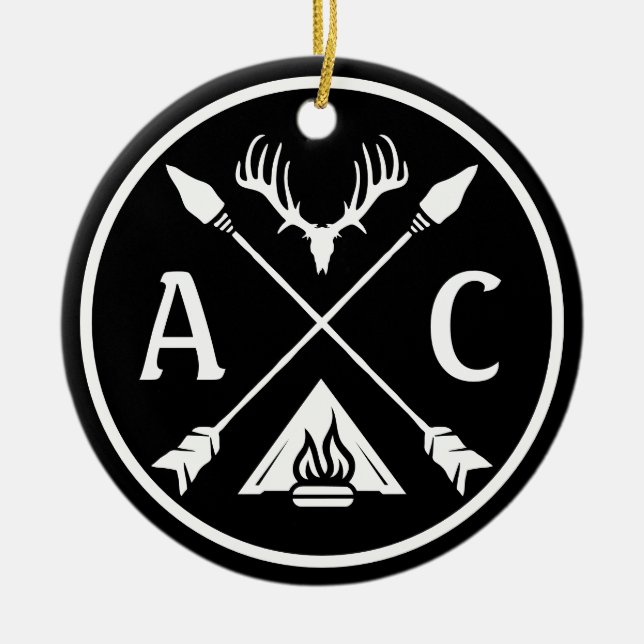 Ornamento De Cerâmica Iniciais Rustic Adventure Round Emblem (Frente)