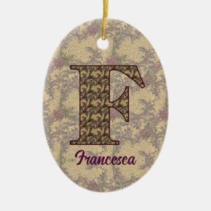 Ornamento De Cerâmica Inicial de Monograma F Floral Vintage Personalizad
