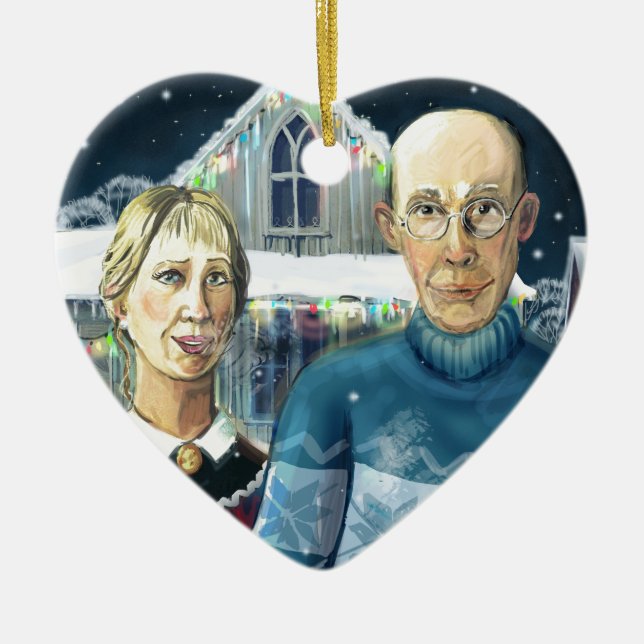 Ornamento De Cerâmica Inverno americano - paródia de Grant Wood (Frente)