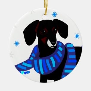 Ornamento De Cerâmica Inverno Doxie no azul