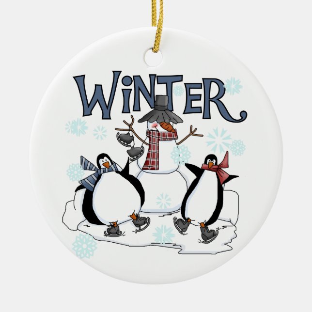 Ornamento De Cerâmica Inverno Feriados Snowman Penguins Ice Skating (Frente)