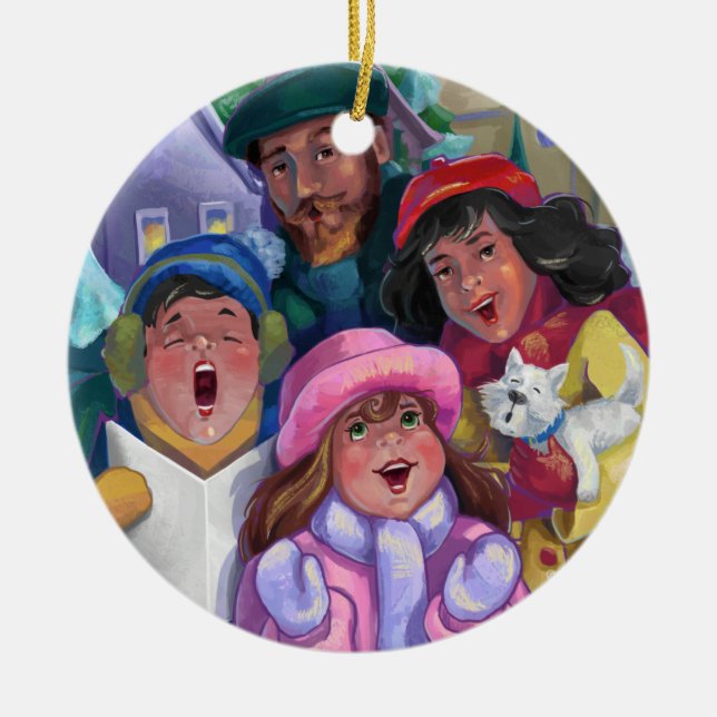 Ornamento De Cerâmica Ir para uma Ilustração de Caroling (Frente)