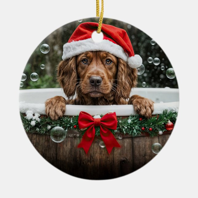 Ornamento De Cerâmica Irish Setter Cute Christmas Holiday Bubble Bath (Frente)