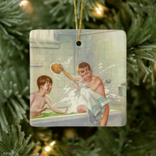 Ornamento De Cerâmica Irmãos Vintage, Crianças, Meninos Brincando na Ban