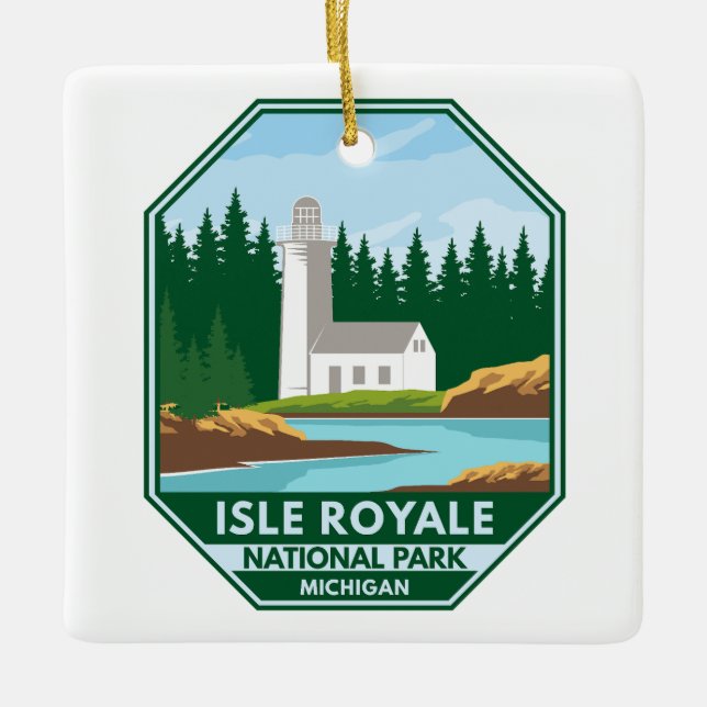 Ornamento De Cerâmica Isle Royale National Park Farol Retro Emblem (Frente)