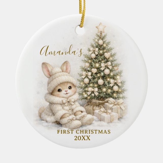 Ornamento De Cerâmica Ivory Bunny Rabbit First Christmas Keepsake Girl (Frente)