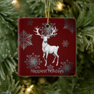 Ornamento De Cerâmica Ivory Reindeer Christmas   Foto vermelha