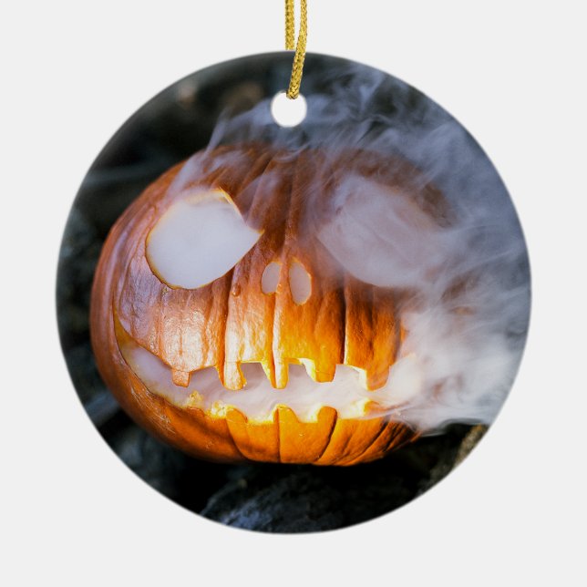 Ornamento De Cerâmica Jack-o-Lanterna Halloween Pumpkin Head on Fire (Frente)