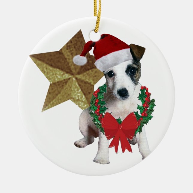Ornamento De Cerâmica Jack Russell estrela de natal (Frente)