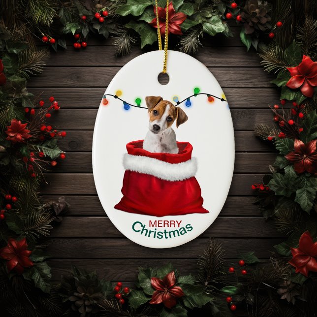 Ornamento De Cerâmica Jack Russell Terrier Dog em Holiday Gift Bag (Criador carregado)