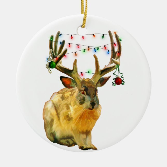 Ornamento De Cerâmica Jackalope decorado no Natal (Frente)